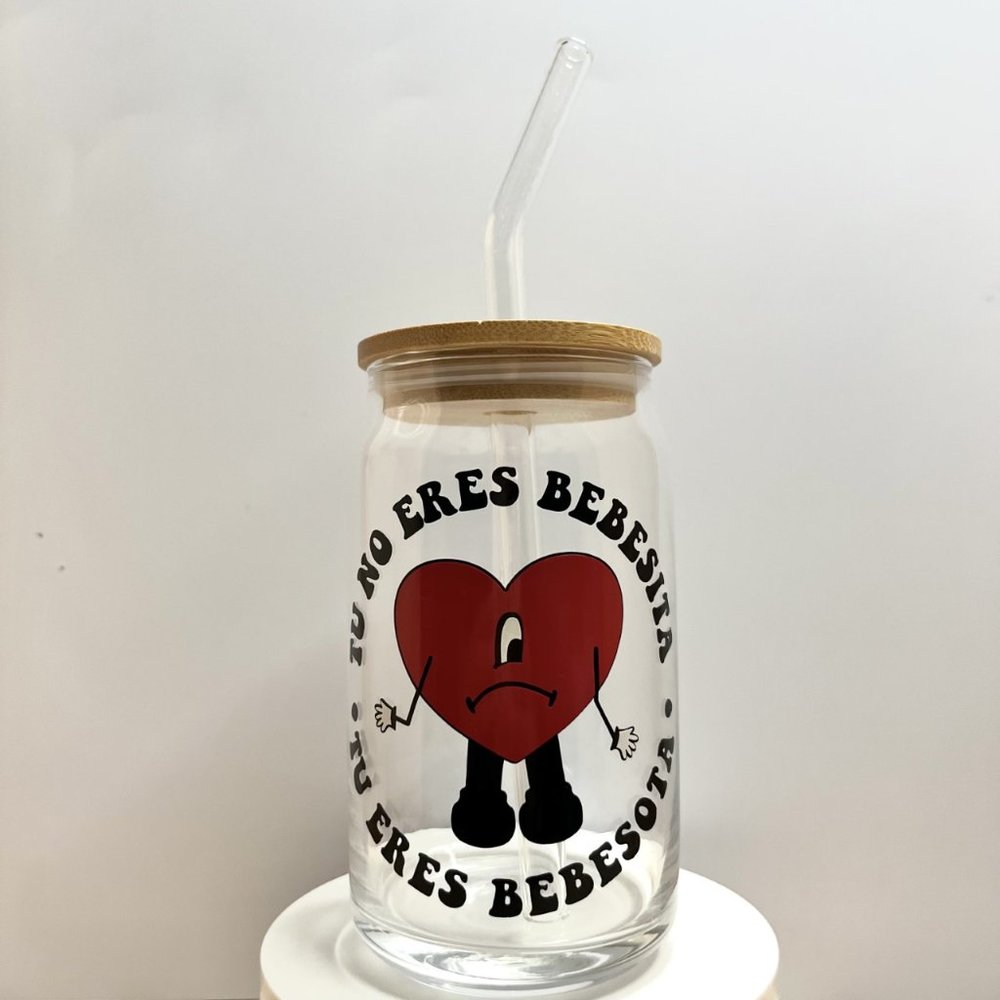 Bad Bunny Glass Cup w/ Lid and Glass Straw 16 oz